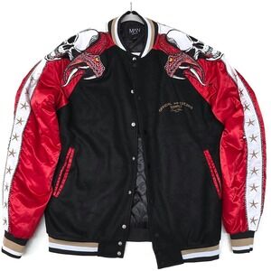 BoohooMAN Jacket Mens Medium Black Red Varsity Sample Skull Snake Stars Bomber